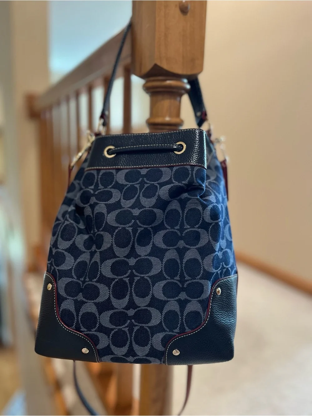 Coach Mickie Drawstring Shoulder Bucket Bag Signature Denim/Midnight F37224 NWOT